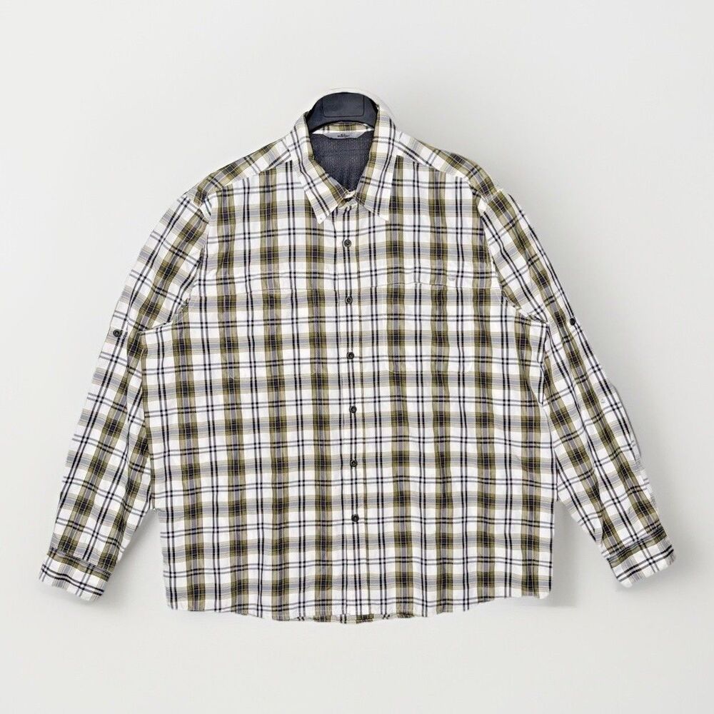 Wrangler Outdoor Performance Plaid Shirt Hook Loop Pocket Roll Tab XL Green Gray